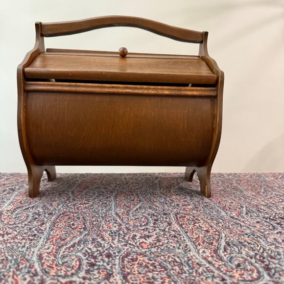 Vintage Curved Wood Sewing Kit Basket Box Handle Double Door - Picture 2 of 16